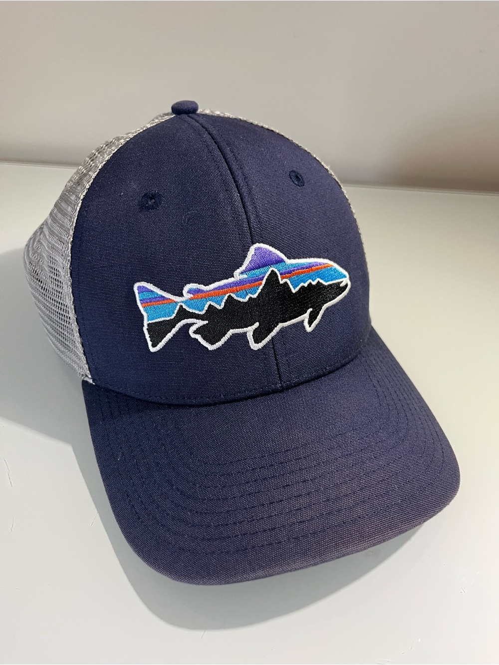 Patagonia Navy Trucker Hat snapback with Multicolor Fish Patch
